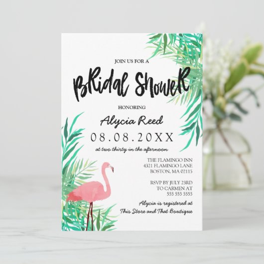 Waterverf Flamingo Tropische Bruiloft Feest Kaart (Staand voorkant)