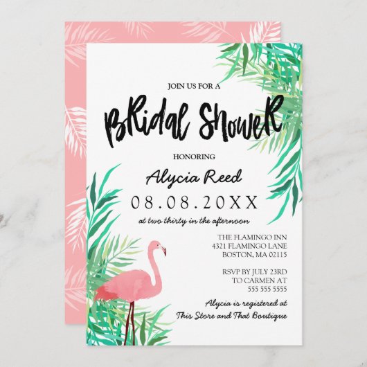 Waterverf Flamingo Tropische Bruiloft Feest Kaart (Voorkant / Achterkant)