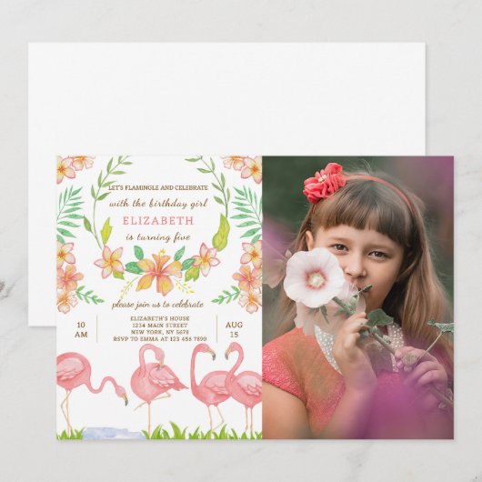 Waterverf flamingo verjaardagsuitnodiging met foto kaart (Voorkant / Achterkant)