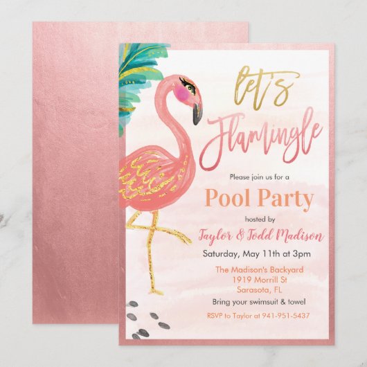 Waterverf Flamingo Zwembad Feest Uitnodiging (Voorkant / Achterkant)