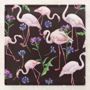 Waterverf flamingo's en wilde bloemen patroon. glazen onderzetter