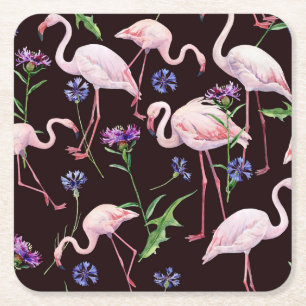 Waterverf flamingo's en wilde bloemen patroon. kartonnen onderzetters