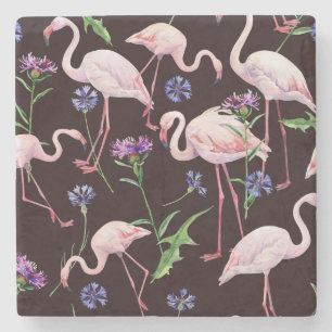 Waterverf flamingo's en wilde bloemen patroon. stenen onderzetter