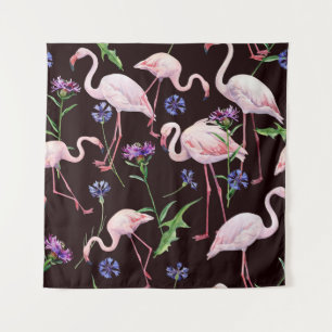 Waterverf flamingo's en wilde bloemen patroon. wandkleed