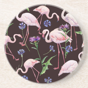 Waterverf flamingo's en wilde bloemen patroon. zandsteen onderzetter