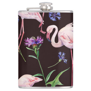 Waterverf flamingo's en wilde bloemmotief. heupfles