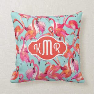 Waterverf Flamingos Gathered   Monogram Kussen