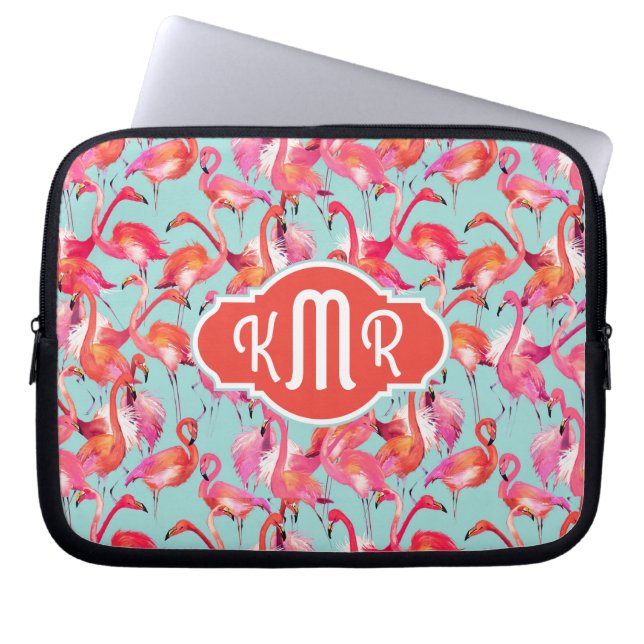 Waterverf Flamingos Gathered | Monogram Laptop Sleeve (Voorkant)