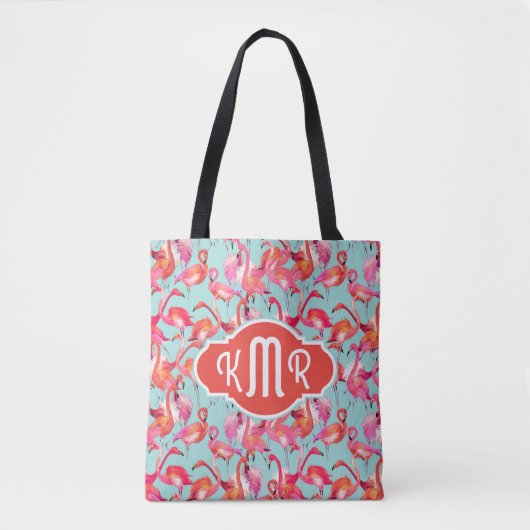 Waterverf Flamingos Gathered | Monogram Tote Bag (Voorkant)