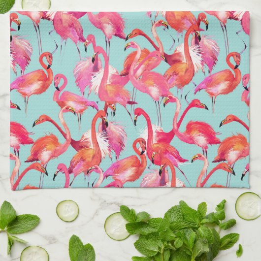 Waterverf Flamingos Gathered Theedoek (Gevouwen)