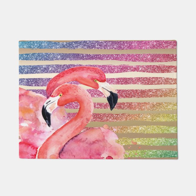 Waterverf Flamingos Glitter Gold Stripes Deurmat (Voorkant)