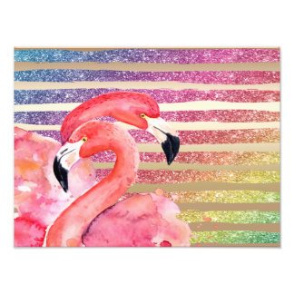 Waterverf Flamingos Glitter Gold Stripes Foto Afdruk