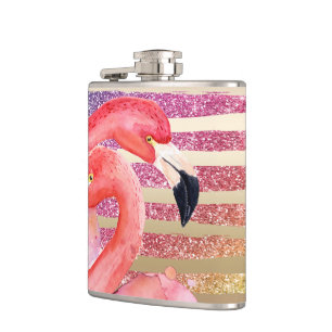 Waterverf Flamingos Glitter Gold Stripes Heupfles