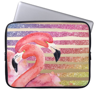 Waterverf Flamingos Glitter Gold Stripes Laptop Sleeve