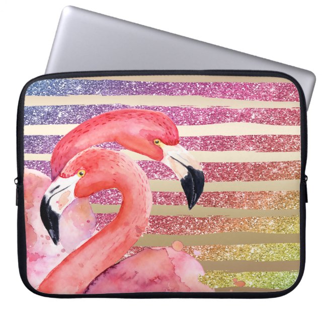 Waterverf Flamingos Glitter Gold Stripes Laptop Sleeve (Voorkant)