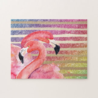 Waterverf Flamingos Glitter Gold Stripes Legpuzzel