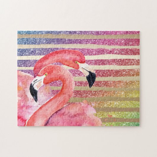 Waterverf Flamingos Glitter Gold Stripes Legpuzzel (Horizontaal)