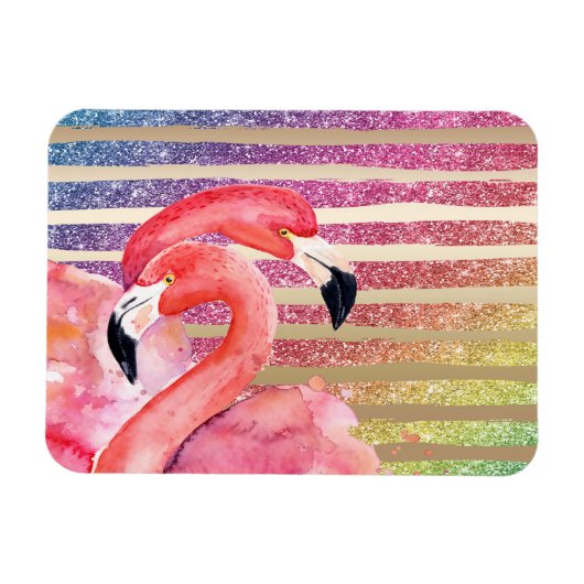 Waterverf Flamingos Glitter Gold Stripes Magneet (Horizontaal)