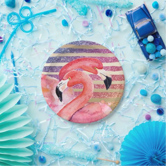 Waterverf Flamingos Glitter Gold Stripes Papieren Bordje (Feest)