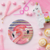 Waterverf Flamingos Glitter Gold Stripes Papieren Bordje (Feest)