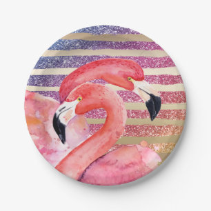 Waterverf Flamingos Glitter Gold Stripes Papieren Bordje