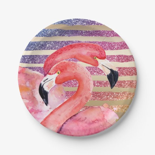 Waterverf Flamingos Glitter Gold Stripes Papieren Bordje (Voorkant)