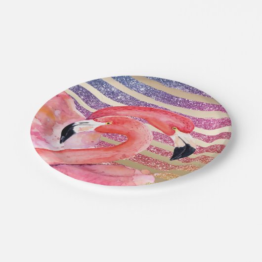 Waterverf Flamingos Glitter Gold Stripes Papieren Bordje (Gekanteld)