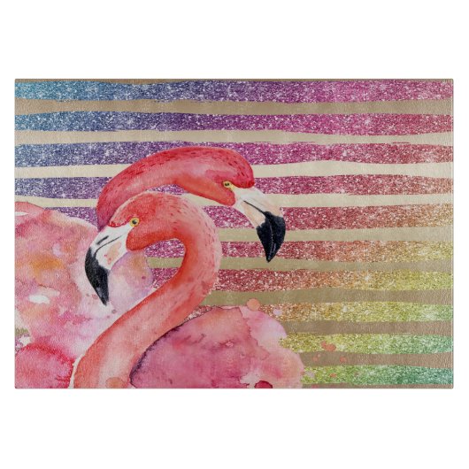 Waterverf Flamingos Glitter Gold Stripes Snijplank (Voorkant)