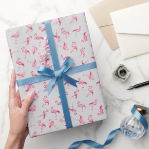 Waterverf Flamingo's op lichtgrijs rondgestrooid Cadeaupapier