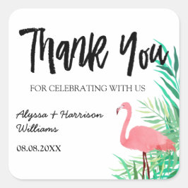 Waterverf Flamingos Palm Leaves Bruiloft Dank u Vierkante Sticker