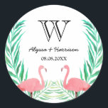 Waterverf Flamingos Palm Leaves WeduwMonogram Ronde Sticker<br><div class="desc">Ronde bruiloft sticker,  perfect als envelopzegels,  met waterverf flamingos en palmbladeren. Personaliseer met uw binnenkort te worden gedeeld initiaal,  uw namen,  en trouwdatum.</div>