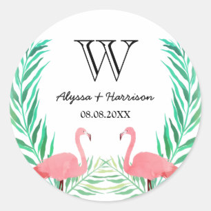 Waterverf Flamingos Palm Leaves WeduwMonogram Ronde Sticker