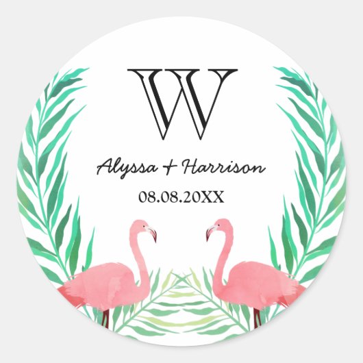 Waterverf Flamingos Palm Leaves WeduwMonogram Ronde Sticker (Voorkant)