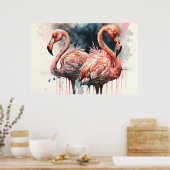 Waterverf Flamingos Pink Tropisch Poster (Keuken)