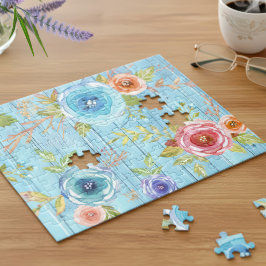 waterverf floraal land blauw hout legpuzzel