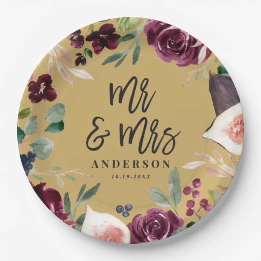 Waterverf floraal + script trouwdag Mr & Mrs Papieren Bordje (Voorkant)
