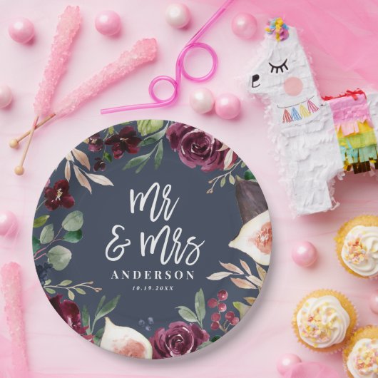 Waterverf floraal + script trouwdag Mr & Mrs Papieren Bordje (Feest)