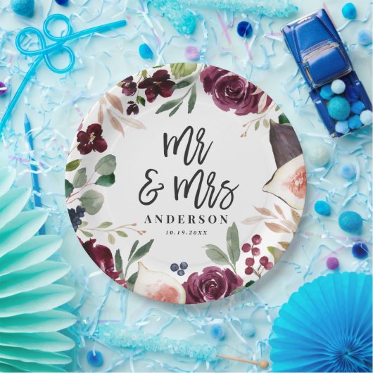 Waterverf floraal + script trouwdag Mr & Mrs Papieren Bordje (Feest)