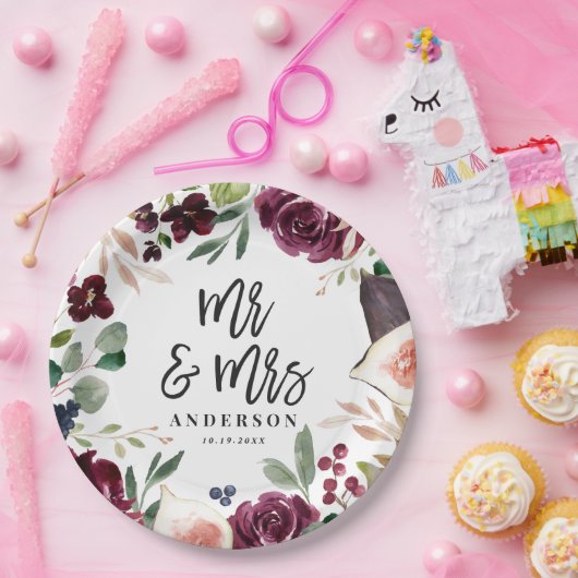 Waterverf floraal + script trouwdag Mr & Mrs Papieren Bordje (Feest)