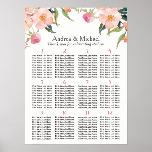 Waterverf Floral 12 Tables Wedding Seating Chart Poster (Voorkant)