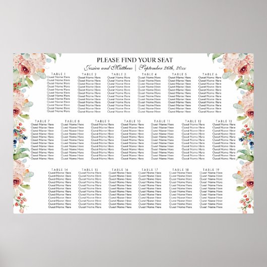 Waterverf Floral 19 Tafels Trouwstoelen Poster (Voorkant)
