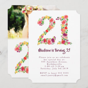 Waterverf Floral 21st Birthday Foto gemaakt Kaart