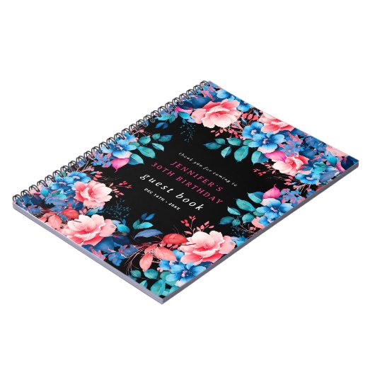 Waterverf Floral 30th Birthday Gastenboek Zwart Notitieboek (Linkerzijde)