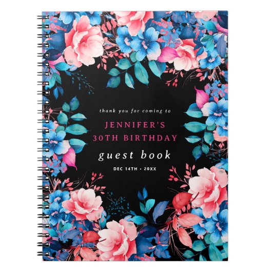 Waterverf Floral 30th Birthday Gastenboek Zwart Notitieboek (Voorkant)