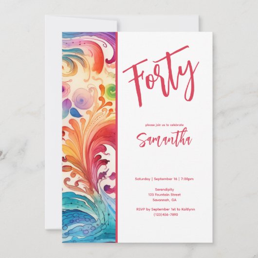  Waterverf Floral 40e Verjaardagsuitnodiging Kaart (Voorkant)