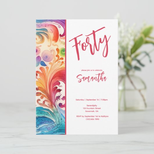  Waterverf Floral 40e Verjaardagsuitnodiging Kaart (Staand voorkant)
