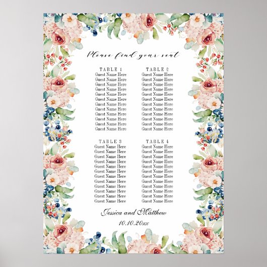 Waterverf Floral 4 Tafels Trouwstoelen Poster (Voorkant)