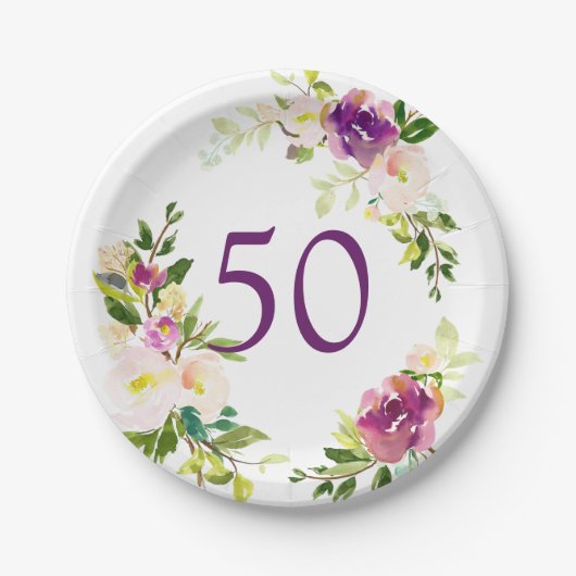 Waterverf Floral 50th Birthday Papieren Bordje (Voorkant)