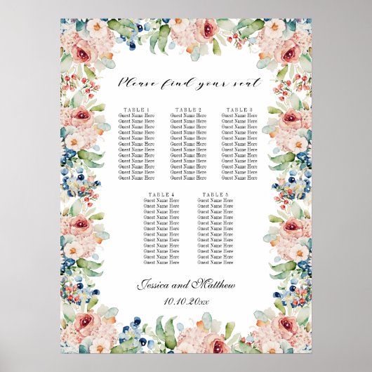 Waterverf Floral 5 Tafels Trouwstoelen Poster (Voorkant)