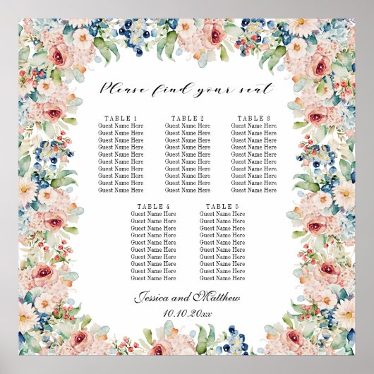 Waterverf Floral 5 Tafels Trouwstoelen Poster (Voorkant)